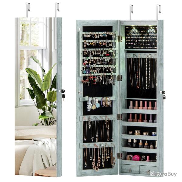 Armoire � bijoux murale avec miroir 120 x 36 x 10 cm grande capacit� design moderne en MDF bleu 20_