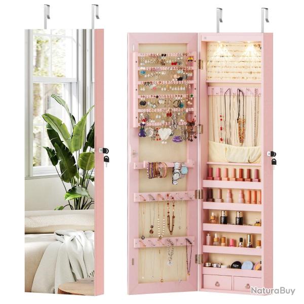 Armoire � bijoux avec miroir et lumi�re led 120 x 36 x 10 cm grande capacit� ambiance cosy en MDF r