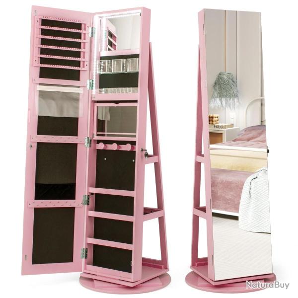 Armoire � bijoux pivotante 54,5 x 161 cm 120 emplacements rotative � 360� style moderne en MDF rose
