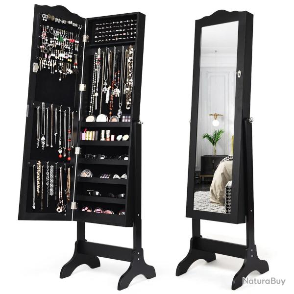 Armoire � bijoux sur pied 44,5 x 37 x 160 cm rangement compartiment� s�curit� �l�gante en MDF noir