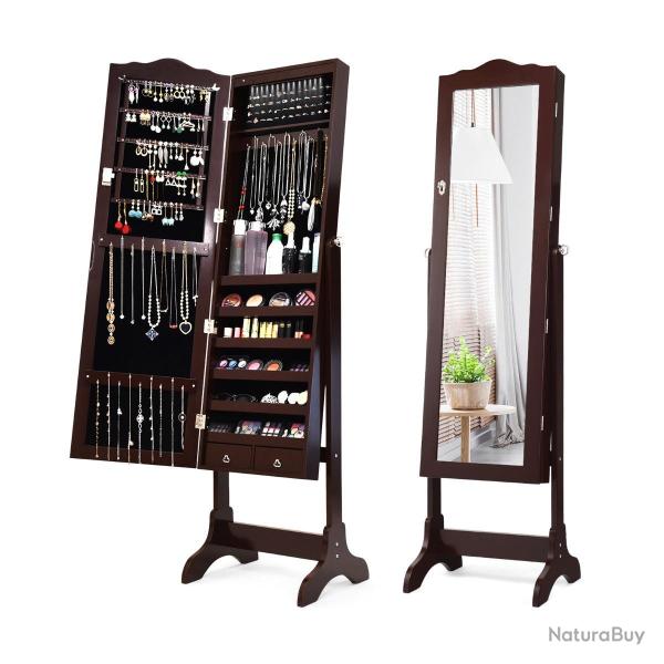Armoire � bijoux 41,5 x 37 x 160 cm 14 lumi�res led et miroir r�glable tendance en mdf marron 20_00