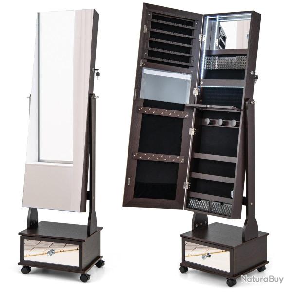 Armoire � bijoux sur pied 42 x 35 x 159 cm avec miroir LED et �clairage r�glable, design contempora