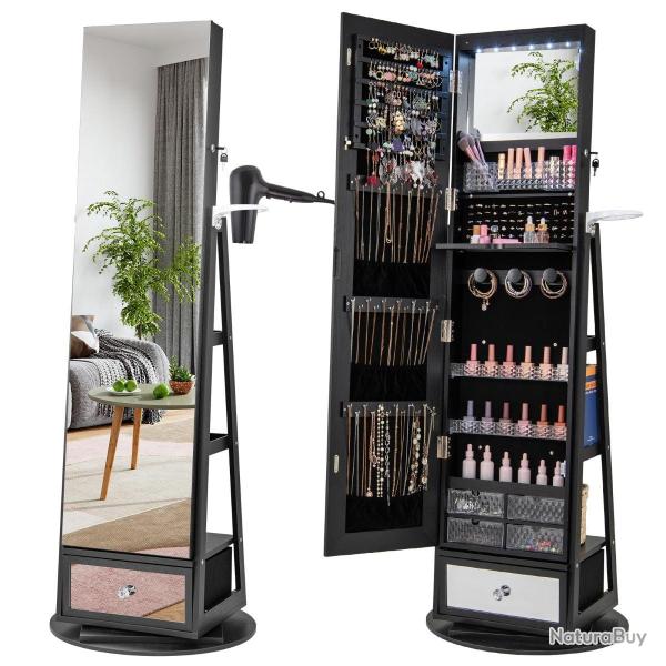 Armoire � bijoux pivotante � 360� 56 x 164 cm avec miroir pleine longueur et lumi�res led en MDF no