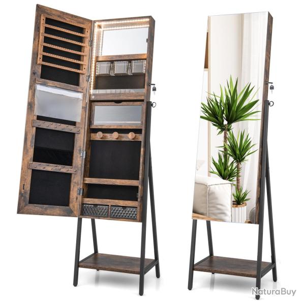 Armoire � bijoux sur pied 41,5 x 37 x 157 cm avec miroir pleine longueur et �clairage LED tricolore