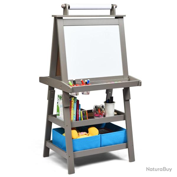 Chevalet 3 en 1 pour enfants 59 x 50 x 117 cm avec rouleau papier et �tag�res rangement en mdf gris