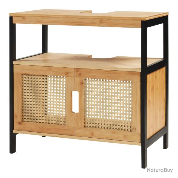 Meuble sous lavabo salle de bain rangement design bambou 60 x 60 x 35 cm noir naturel aspect rotin