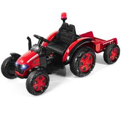 Tracteur &eacute;lectrique avec remorque 151 x 68 x 70 cm vitesse 3-8 km/h musique MP3 en PP rouge 20_0014