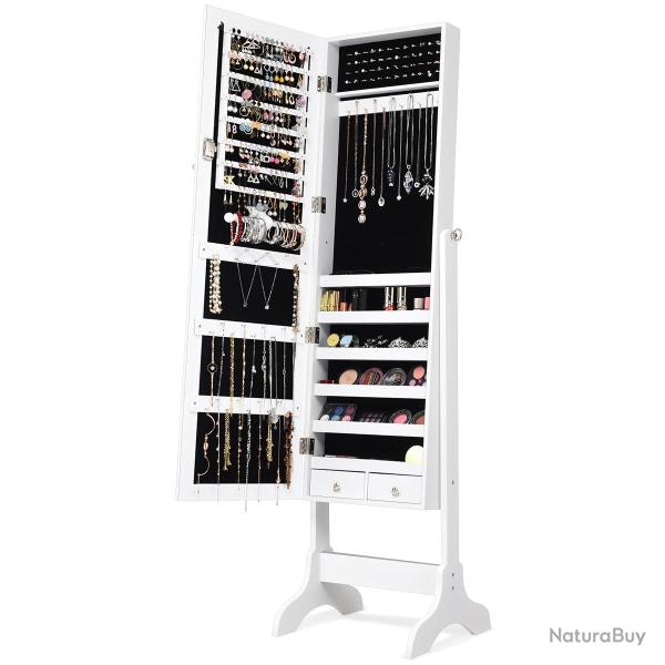 Armoire � bijoux sur pied design avec miroir 46 x 37 x 110 cm fonction pratique 2 en 1 finition bla