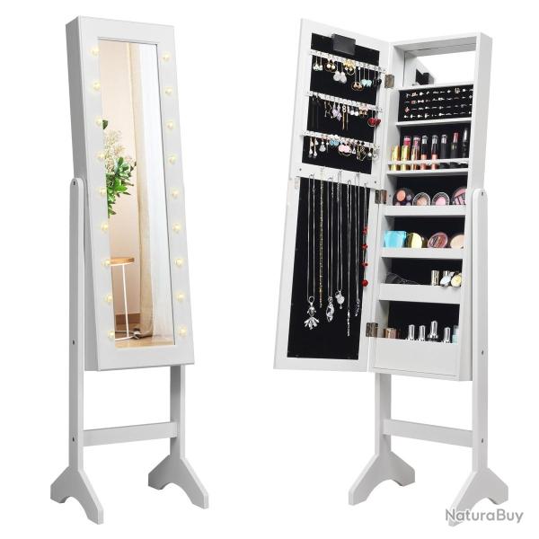 Armoire � bijoux sur pied 35 x 31,5 x 145 cm angle r�glable avec 18 LED design moderne en MDF blanc