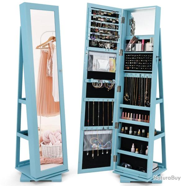 Armoire � bijoux pivotante 39 x 39 x 161 cm avec grand miroir et rangement discret en MDF bleu 20_0