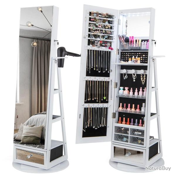 Armoire � bijoux pivotante � 360� 56 x 164 cm avec miroir pleine longueur rangement optimal en MDF