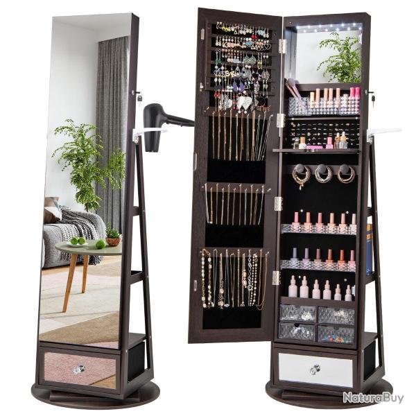 Armoire � bijoux pivotante 56 x 164 cm avec miroir pleine longueur �clairage LED 4 en 1 design mode