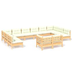 Salon de jardin meuble d'ext&eacute;rieur ensemble de mobilier 12 pi&egrave;ces avec coussins cr&egrave;me bois de pin m