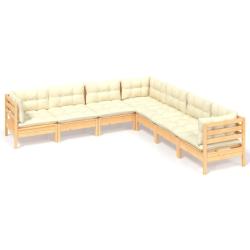 Salon de jardin meuble d'ext&eacute;rieur ensemble de mobilier 7 pi&egrave;ces avec coussins cr&egrave;me bois de pin so