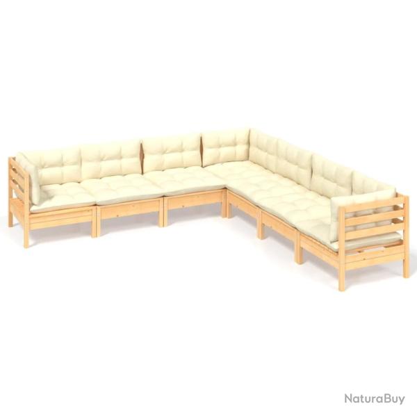 Salon de jardin meuble d'ext�rieur ensemble de mobilier 7 pi�ces avec coussins cr�me bois de pin so