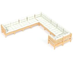 Salon de jardin meuble d'ext&eacute;rieur ensemble de mobilier 10 pi&egrave;ces avec coussins cr&egrave;me bois de pin 0