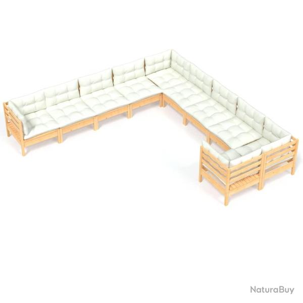 Salon de jardin meuble d'ext�rieur ensemble de mobilier 10 pi�ces avec coussins cr�me bois de pin 0