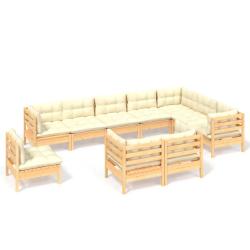 Salon de jardin meuble d'ext&eacute;rieur ensemble de mobilier 10 pi&egrave;ces avec coussins cr&egrave;me bois de pin s