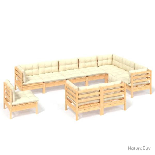 Salon de jardin meuble d'ext�rieur ensemble de mobilier 10 pi�ces avec coussins cr�me bois de pin s