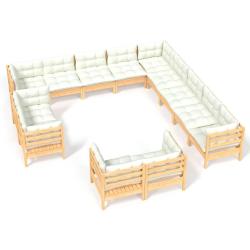 Salon de jardin meuble d'ext&eacute;rieur ensemble de mobilier 13 pi&egrave;ces avec coussins cr&egrave;me bois de pin m