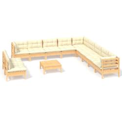 Salon de jardin meuble d'ext&eacute;rieur ensemble de mobilier 12 pi&egrave;ces avec coussins cr&egrave;me bois de pin m
