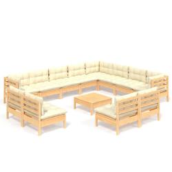 Salon de jardin meuble d'ext&eacute;rieur ensemble de mobilier 13 pi&egrave;ces avec coussins cr&egrave;me bois de pin s