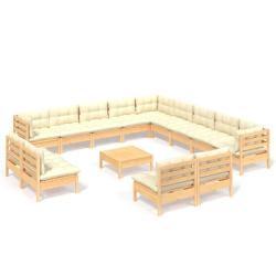 Salon de jardin meuble d'ext&eacute;rieur ensemble de mobilier 14 pi&egrave;ces avec coussins cr&egrave;me bois de pin s