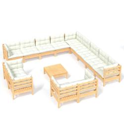 Salon de jardin meuble d'ext&eacute;rieur ensemble de mobilier 14 pi&egrave;ces avec coussins cr&egrave;me bois de pin s