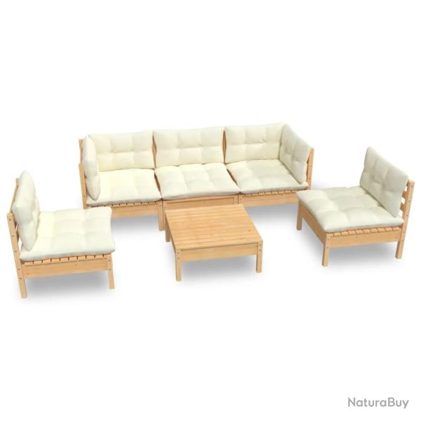 Salon de jardin meuble d'ext�rieur ensemble de mobilier 6 pi�ces avec coussins cr�me bois de pin ma