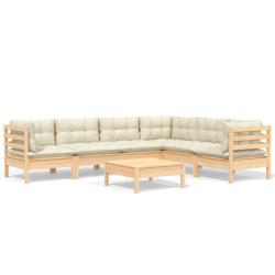 Salon de jardin meuble d'ext&eacute;rieur ensemble de mobilier 7 pi&egrave;ces avec coussins cr&egrave;me bois de pin so