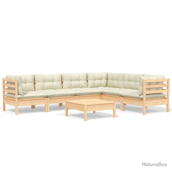 Salon de jardin meuble d'ext�rieur ensemble de mobilier 7 pi�ces avec coussins cr�me bois de pin so