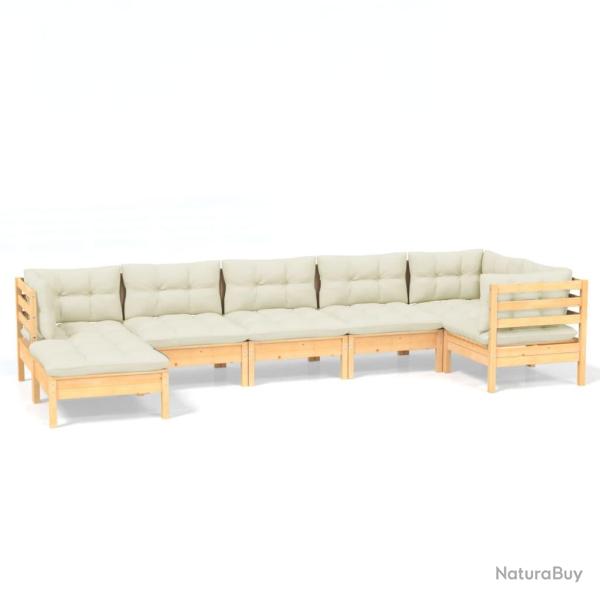 Salon de jardin meuble d'ext�rieur ensemble de mobilier 7 pi�ces avec coussins cr�me bois de pin so