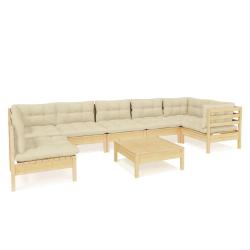 Salon de jardin meuble d'ext&eacute;rieur ensemble de mobilier 8 pi&egrave;ces avec coussins cr&egrave;me bois de pin 02