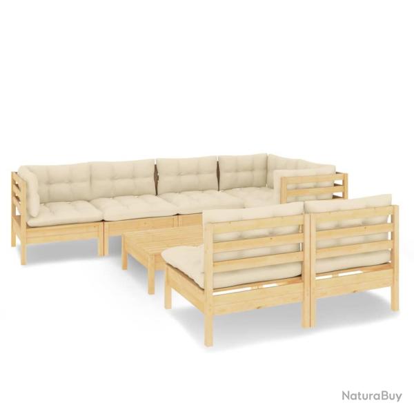 Salon de jardin meuble d'ext�rieur ensemble de mobilier 8 pi�ces avec coussins cr�me bois de pin ma