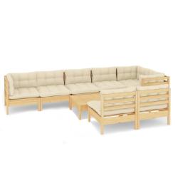 Salon de jardin meuble d'ext&eacute;rieur ensemble de mobilier 9 pi&egrave;ces avec coussins cr&egrave;me bois de pin ma
