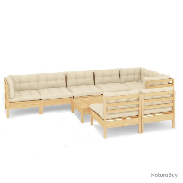 Salon de jardin meuble d'ext�rieur ensemble de mobilier 9 pi�ces avec coussins cr�me bois de pin ma
