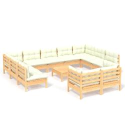 Salon de jardin meuble d'ext&eacute;rieur ensemble de mobilier 12 pi&egrave;ces avec coussins cr&egrave;me bois de pin m
