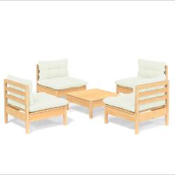 Salon de jardin meuble d'ext&eacute;rieur ensemble de mobilier 5 pi&egrave;ces avec coussins cr&egrave;me bois de pin 02