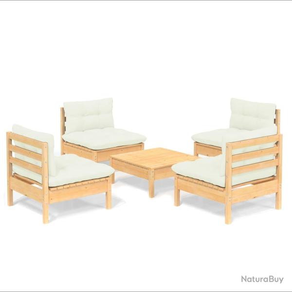 Salon de jardin meuble d'ext�rieur ensemble de mobilier 5 pi�ces avec coussins cr�me bois de pin 02