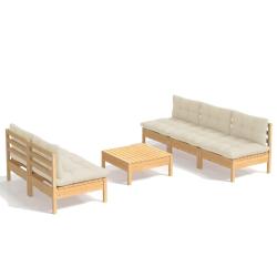 Salon de jardin meuble d'ext&eacute;rieur ensemble de mobilier 6 pi&egrave;ces avec coussins cr&egrave;me bois de pin 02