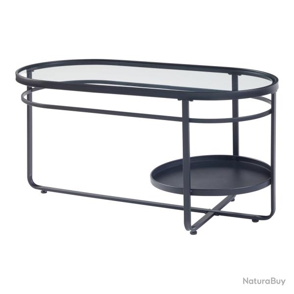 Table basse console d'appoint avec plateau ovale et �tag�re m�tal verre tremp� 90 x 43 x 46 cm noir