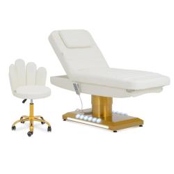 Table de massage &eacute;lectrique et tabouret &agrave; roulettes avec dossier 200 kg blanc/dor&eacute; chauffant dor&eacute; b