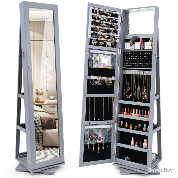 Armoire � bijoux pivotante � 360 degr�s 39 x 39 x 161 cm avec miroir de plein pied finition velours