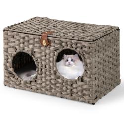 Maison pour chat en rotin 60 x 35 x 35 cm avec coussin amovible cosy et 2 entr&eacute;es design en rotin g