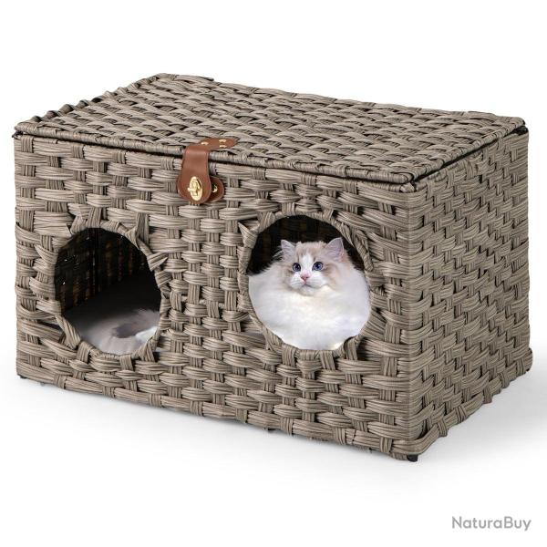 Maison pour chat en rotin 60 x 35 x 35 cm avec coussin amovible cosy et 2 entr�es design en rotin g
