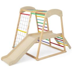 Aire de jeux int&eacute;rieure 6 en 1 205 x 112 x 120 cm avec s&eacute;curit&eacute; renforc&eacute;e et toboggan &eacute;tendu en boi