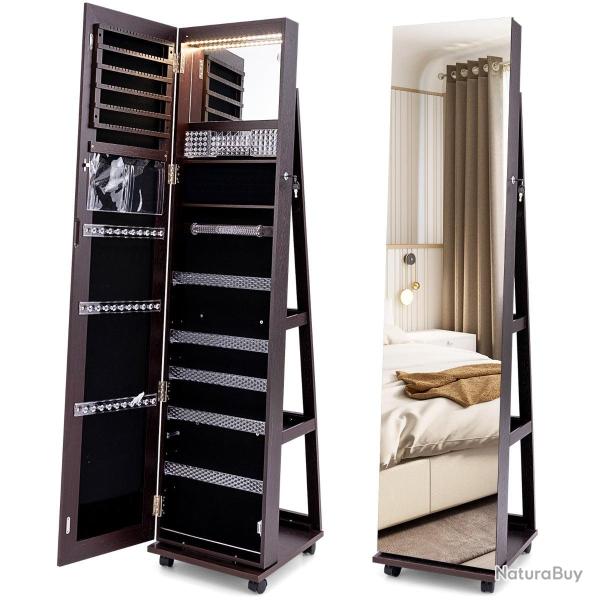 Armoire � bijoux sur roulettes 40 x 38 x 163 cm rangement spacieux miroir �clair� par LED style con