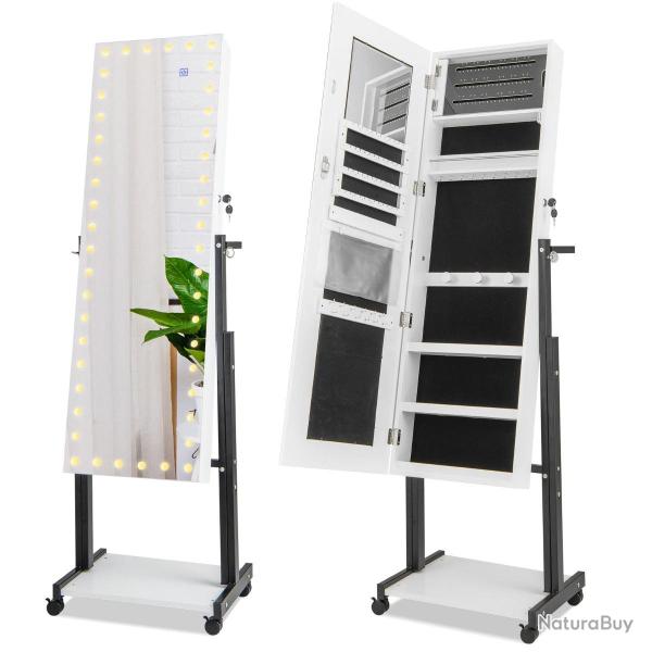 Armoire � bijoux sur pieds 46 x 36 x 155-175 cm r�glable avec lumi�re led ambiance cosy en MDF blan