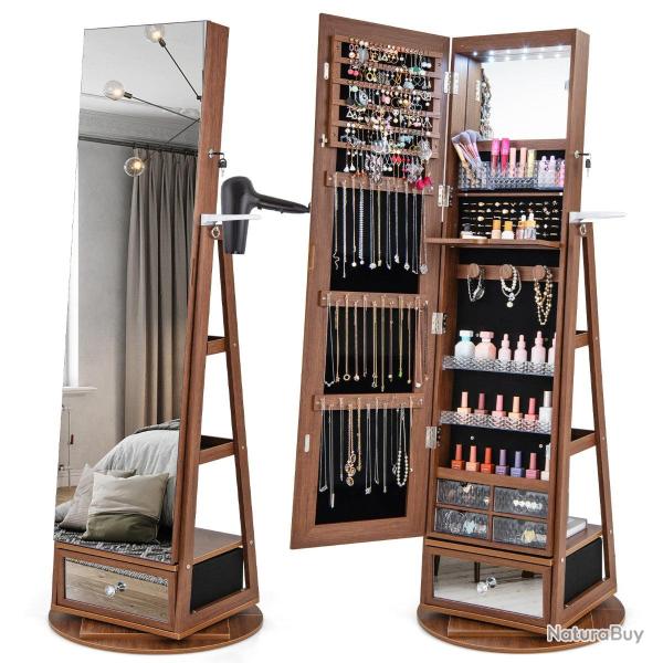 Armoire � bijoux pivotante � 360� 56 x 164 cm avec �clairage LED rangement pratique moderne en MDF