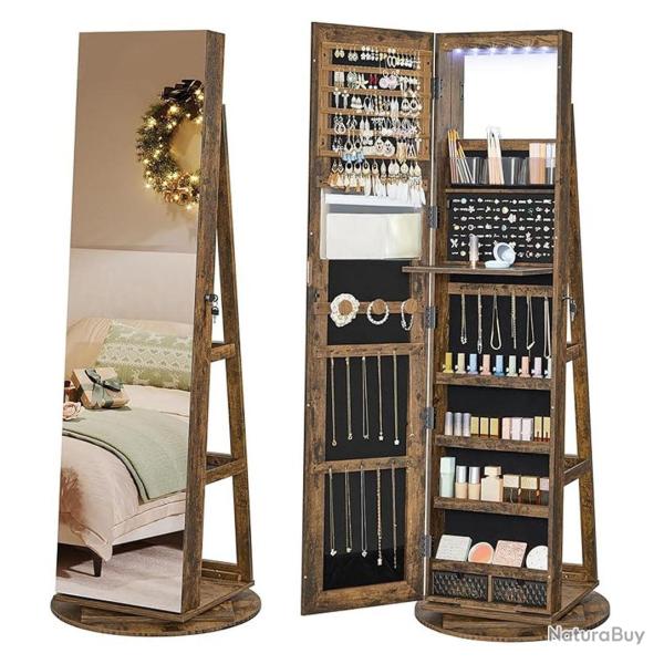 Armoire � bijoux avec miroir sur pieds verrouillable avec 6 led rangement bijoux pivotant � 360� mi
